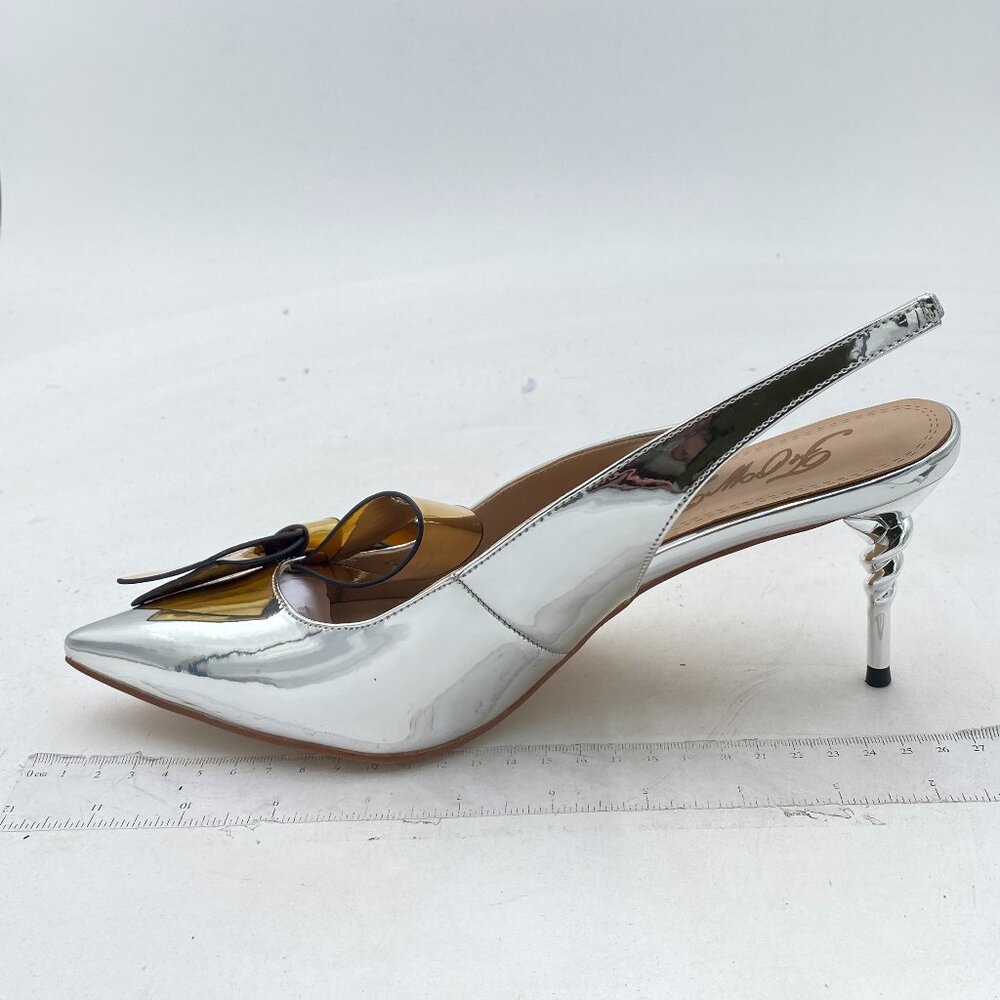 NWOT Silver Pointed Toe Slingback Slip on Dress Pumps Stiletto Heels w/gold bow - Picture 2 of 8